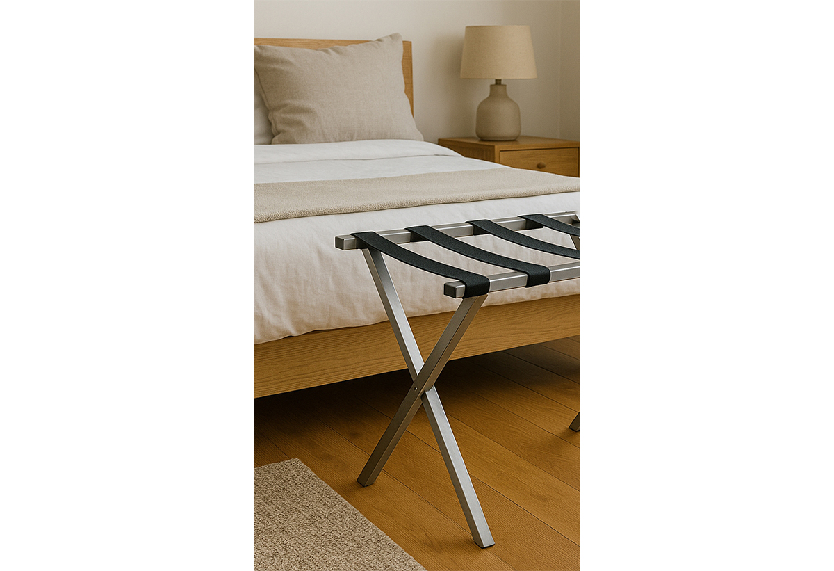 Απεικονίζεται η μπαγκαζιέρα δίπλα σε κρεβάτι.